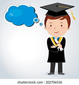 Graduation young man dream. Young graduate man with thinking bubble.