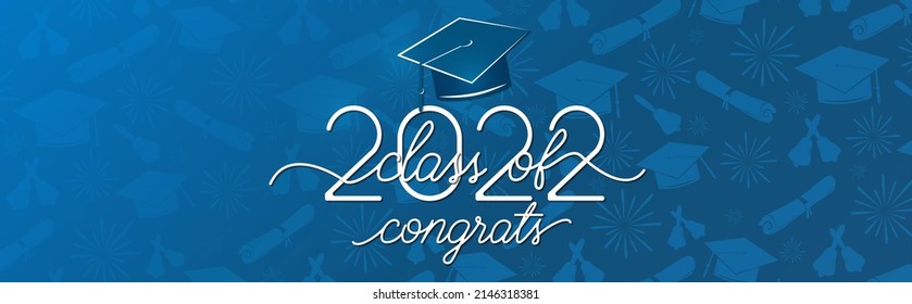 Graduations background congratulations graduates 2022 class of, white sign for the graduation party. Congrats banner vector illustration. Typography greeting, invitation with diplomas, hat, lettering.