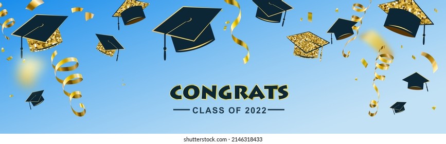 Graduaciones felicitaciones de antecedentes graduados clase de 2022, felicitaciones de texto para la fiesta de graduación. Tipografía saludando con diplomas, sombrero, letras, confiti dorado y serpentina en el cielo.