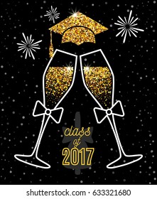 Graduations greeting card 2017 class of with glasses of champagne, hat and fireworks for invitation, banner, poster, postcard
