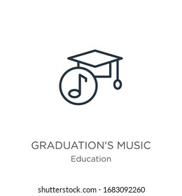 Graduation's music icon. Thin linear graduation's music outline icon isolated on white background from education collection. Line vector sign, symbol for web and mobile