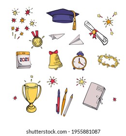 Graduete and education vector icons set. Hand dawing cartoon colorful illustration isolated on white background.