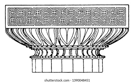 Graeco-Doric Capital, an antique design, the upper termination of a column, the simplest of the five Classical orders, abacus above an ovolo molding, vintage line drawing or engraving illustration. 