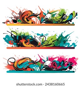 Graffiri style bright colorful drawing painting borders set patterns. Isolated modern decorative vector border design on white background. Dirty doodle texture. with splashes, splatters, doodles.