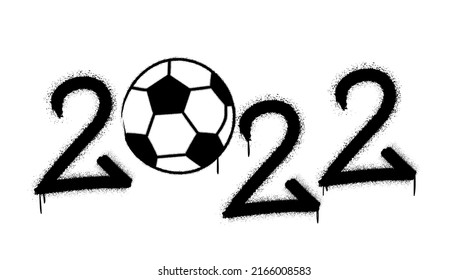 Graffiti 2022 text and ball. World football championship in Qatar 2022. Urban street graffiti style with splash effects and drops in  black on white background. Vector Illustration