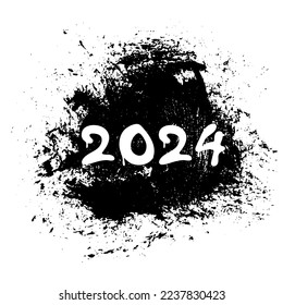 Graffiti 2024 date with splash effects and drops in black on white. Urban street graffiti style. Print for banner, poster, greeting card, sticker. Vector illustration