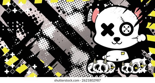 Graffiti abstract background with panda doll and cartoon skull objects, racing background. vector, eps 10, editable.