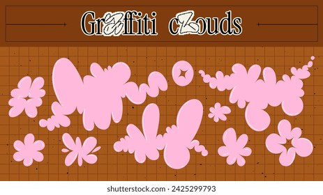 Graffiti abstract clouds set. Bubble elements in trendy y2k style. Great for your retro designs. Simple pink cute stickers.