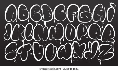 Graffiti alphabet. Bubble graffiti letters outline. White uppercase letters with texture effect, drips, and spray effect on dark background. Graffiti font.