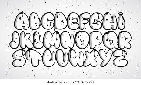 Graffiti alphabet. Bubble graffiti letters outline. Uppercase letters with drips, drops and spray effect. Graffiti font. Street art style. Bubble font.