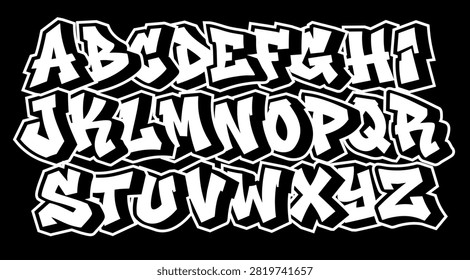Graffiti Alphabet Font Set - Bold Wildstyle Bubble Letters A to Z in Black and White Outline on Black Background