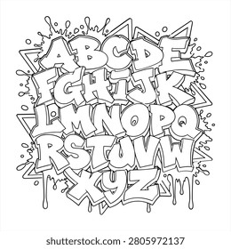 Graffiti alphabet illustration with splashes and drips.