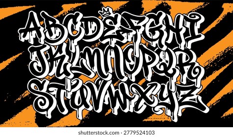 Graffiti Alphabet Letters Set - White Dripping Wildstyle Font with Crown on Orange and Black Striped Background