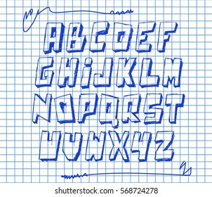 Graffiti alphabet set on copybook background. Vector illustration. Hand drawn.