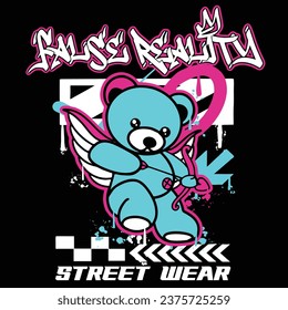 Graffiti angel bear street wear illustration with slogan false reality