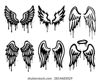 Graffiti angel wings isolated set with black ink liquid splashes and artistic melting feathers tattoo sketch outlines on white background