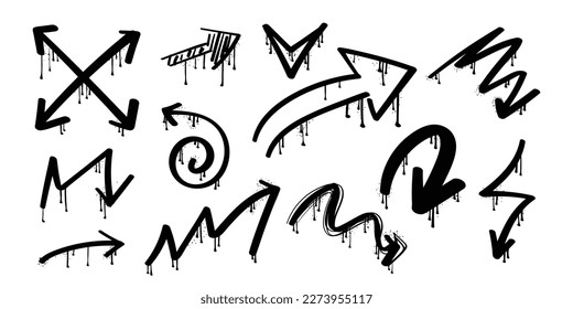 Graffiti arrow drawing set. Grunge style, splatter shapes collection. Arrows vector illustration design.