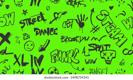 Graffiti art background on neon green vibrant backdrop. Hand drawn creative letters signs phrases and symbols. Grunge rock style urban vector banner