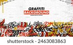 Graffiti art background with throw-up and tagging hand-drawn style. Street art graffiti urban theme in vector format.