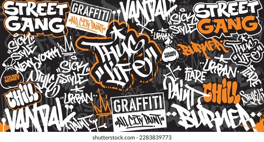 Graffiti art background with throw-up and tagging hand-drawn style. Street art graffiti urban theme for prints, banners, and textiles in vector format.