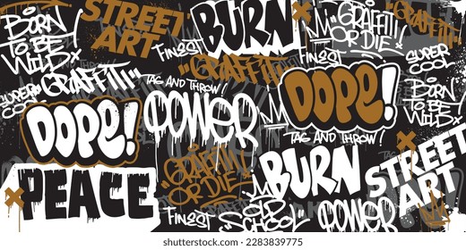 Graffiti art background with throw-up and tagging hand-drawn style. Street art graffiti urban theme for prints, banners, and textiles in vector format.