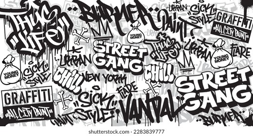 Graffiti art background with throw-up and tagging hand-drawn style. Street art graffiti urban theme for prints, banners, and textiles in vector format.