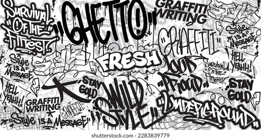 Graffiti-Kunsthintergrund mit Werfer- und Taggingstil. Street Art Graffiti urban theme für Drucke, Banner und Textilien im Vektorformat.
