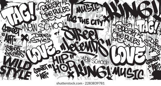 Graffiti art background with throw-up and tagging hand-drawn style. Street art graffiti urban theme for prints, banners, and textiles in vector format.