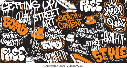 Graffiti art background with throw-up and tagging hand-drawn style. Street art graffiti urban theme for prints, banners, and textiles in vector format.