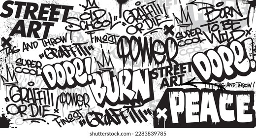 Graffiti art background with throw-up and tagging hand-drawn style. Street art graffiti urban theme for prints, banners, and textiles in vector format.