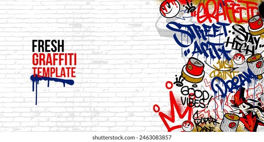 Graffiti art background with throw-up and tagging hand-drawn style. Street art graffiti urban theme in vector format.
