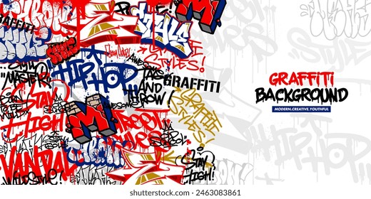 Graffiti art background with throw-up and tagging hand-drawn style. Street art graffiti urban theme in vector format.