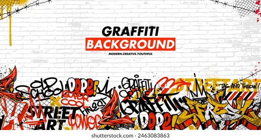 Graffiti art background with throw-up and tagging hand-drawn style. Street art graffiti urban theme in vector format.