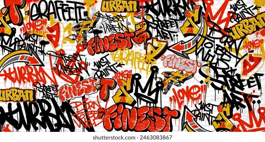 Graffiti art background with throw-up and tagging hand-drawn style. Street art graffiti urban theme in vector format.