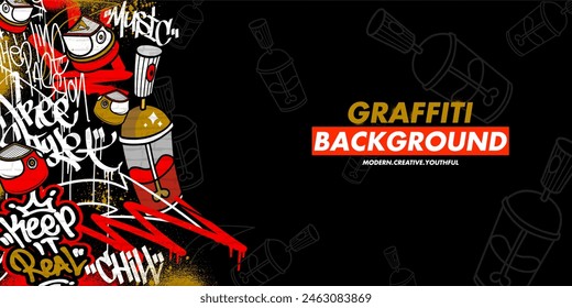 Graffiti art background with throw-up and tagging hand-drawn style. Street art graffiti urban theme in vector format.