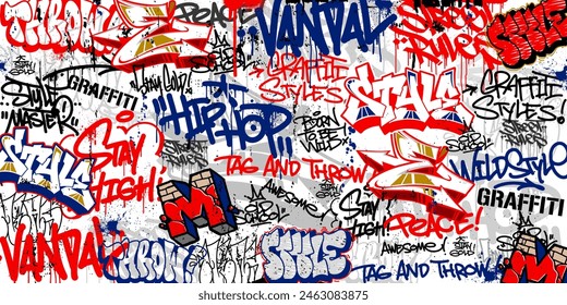 Graffiti art background with throw-up and tagging hand-drawn style. Street art graffiti urban theme in vector format.