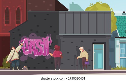 Graffiti Art Cartoon Composition With Woman And Old Man Watching Street Artist Spray Painting Wall Vector Illustration