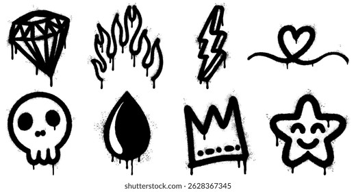 graffiti art featuring eight bold black spray painted icons with paint drip effects. Includes skull, lightning bolt, heart, crown, teardrop, star, diamond, and flame.