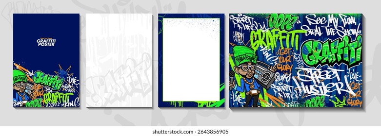 Plantillas de diseño de póster o volante de arte de graffiti con ilustración colorida, grunge, garabatos y vómitos. Elementos de diseño de Vector de ilustración de fondo de graffiti dibujado a mano
