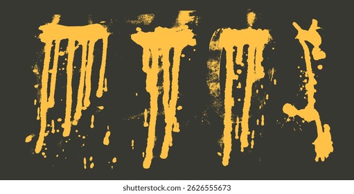 Graffiti art spray orange long splatters set. Grunge colorful golden splashes and drips. Paint spots and blob yellow shapes. Collage smudge element. Dirty liquid silhouette. Vector hand drawn.