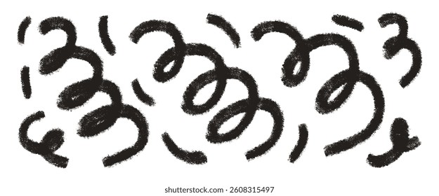 Graffiti art spray scribble wavy shapes. Squiggle hand drawn confetti set. Vector black urban grunge brush strokes lines. Curve and swirls vector charcoal elements. Curly ink brush spirals.