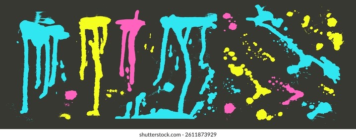 Graffiti art spray splatters set. Grunge colorful urban street splashes and drips. Paint spots and blob shapes. Collage smudge neon bold colors element. Dirty liquid silhouette. Vector illustration.