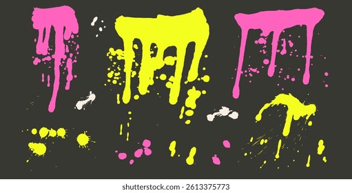 Graffiti art spray splatters set. Grunge colorful highlights splashes and drips. Paint spots and blob shapes. Collage smudge neon bold colors element. Dirty liquid silhouette. Vector hand drawn drips.