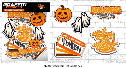 Conjunto de Ilustración vectorial de arte de graffiti de diseño de Vector de paquete de pegatinas en paquete de tema de calabaza de halloween 