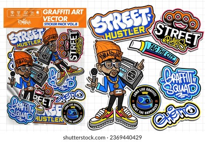 Graffiti Art Vektoraufkleber Illustration. Set mit Aufklebern, Vektordesign in lebhaften Farben