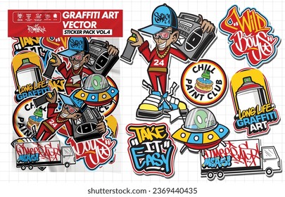 Graffiti Art Vektoraufkleber Illustration. Set mit Aufklebern, Vektordesign in lebhaften Farben