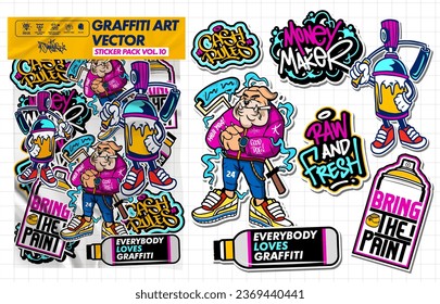 Graffiti Art Vektoraufkleber Illustration. Set mit Aufklebern, Vektordesign in lebhaften Farben