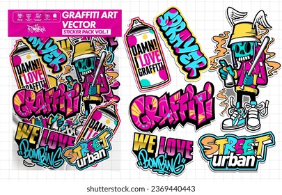 Graffiti Art Vektoraufkleber Illustration. Set mit Aufklebern, Vektordesign in lebhaften Farben