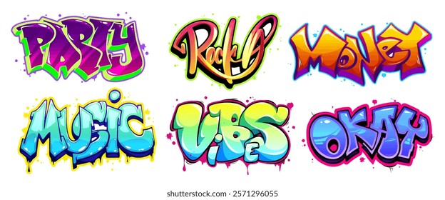 Graffiti art words set isolated on white. Vector cartoon illustration of party, rock, money, music, vibe, okay bright neon color text written on surface with paint stains and blots, cool doodle font