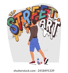 Graffiti Artist Boy Armed With Vibrant Spray Cans, Creates Masterpiece On A Blank Urban Wall Using Bold, Dynamic Strokes To Bring Life And Color To The Once Barren Surface. Cartoon Vector Illustration